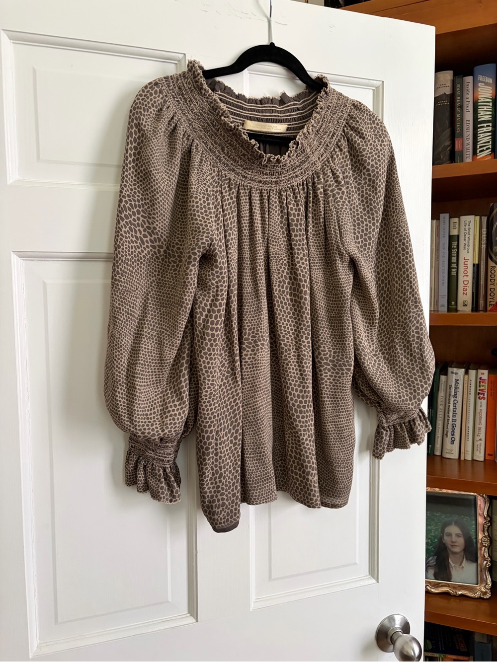 Smocked Neck Taupe Animal-Print Elegant Top